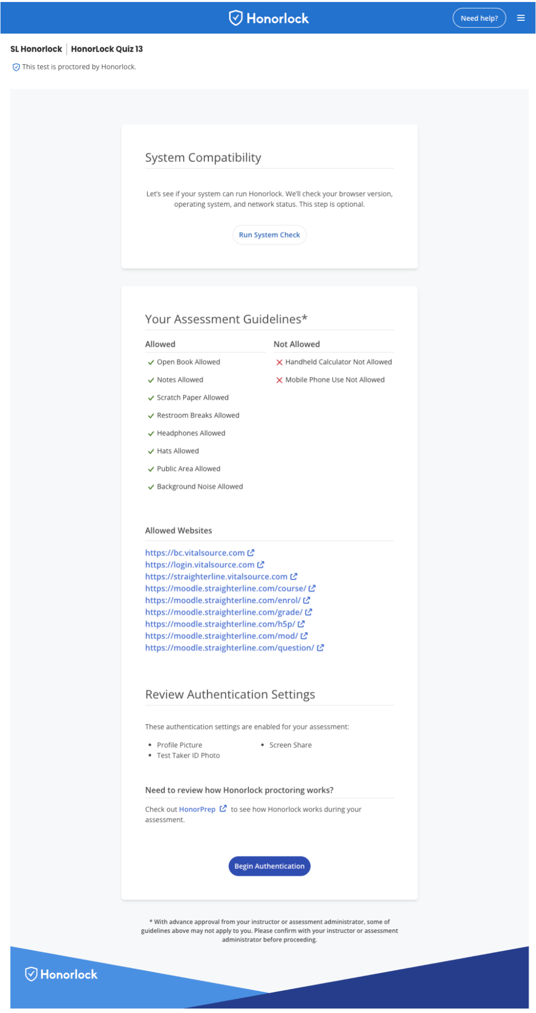 Begin authentication screen